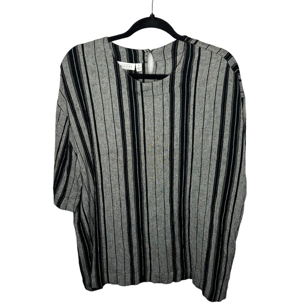 MASAI / Copenhagen black gray linen blend striped lagenlook blouse top / S